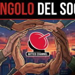 Immagine testata rubrica L'angolo del Socio con logo Mitico Channel al centro di un cerchio di mani unite su sfondo urbano e digitale.
