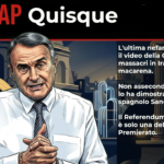 Grafica 'Quisque' con illustrazione del conduttore di Mitico Channel su sfondo di monumenti stilizzati e sintesi su Trump, Sanchez e il Referendum