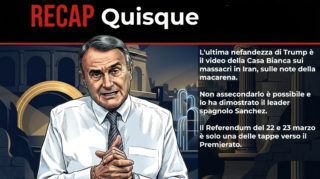 Grafica 'Quisque' con illustrazione del conduttore di Mitico Channel su sfondo di monumenti stilizzati e sintesi su Trump, Sanchez e il Referendum