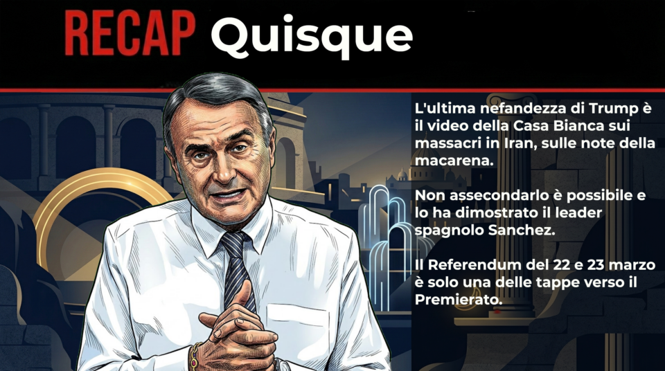 Grafica 'Quisque' con illustrazione del conduttore di Mitico Channel su sfondo di monumenti stilizzati e sintesi su Trump, Sanchez e il Referendum